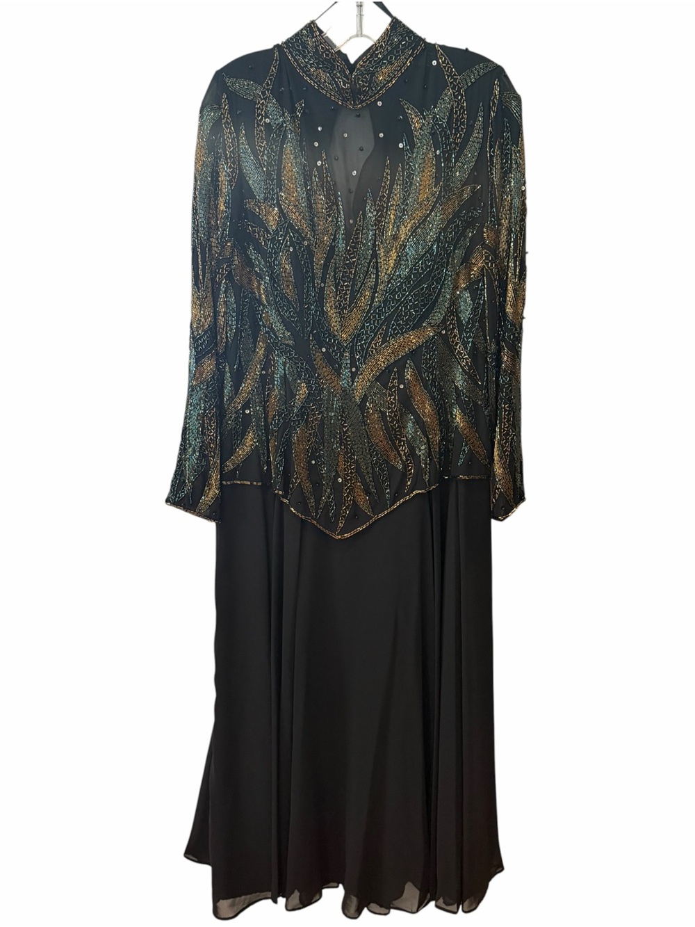 Vintage Peak Evenings Black Hand Beaded Maxi Gown Size 14 Green Gold Formal